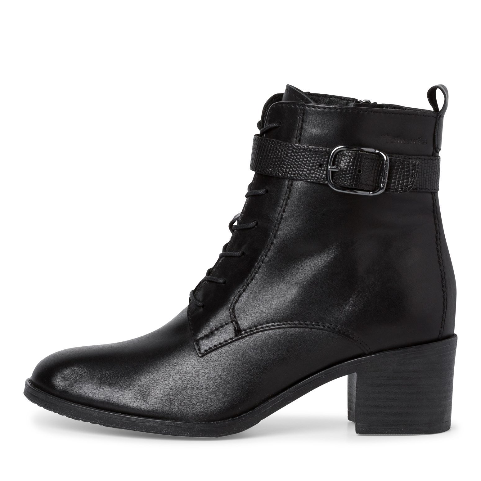 Tamaris / מגפוני עור שרוכים ואבזם עקב רחב שחור