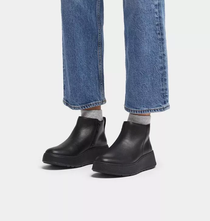 FitFlop | GM2-090 מגפי קרסול פ-מוד מעור שטוח עם רוכסן שחור